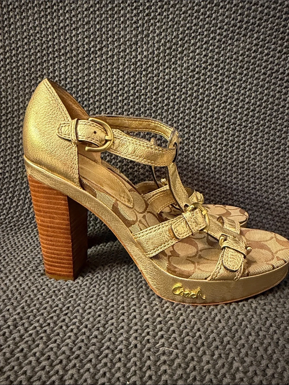 Coach Gold Leather & Signature Canvas Platform Heels